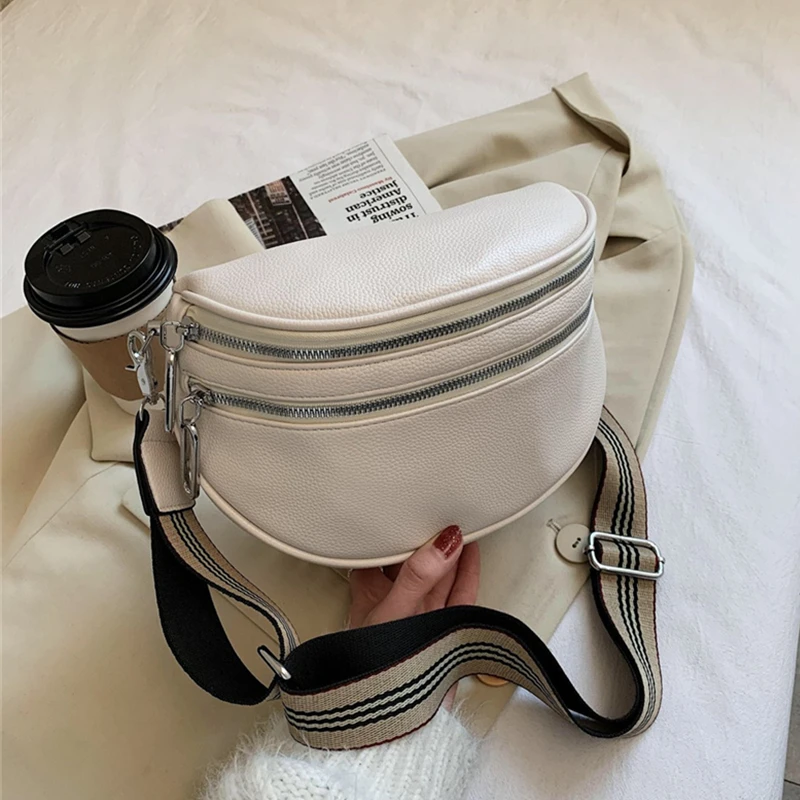 

Trendy Wide Strap Saddle Waist Fanny Pack For Women Double Zipper Ladies Belt Chest Bags PU Leather Sling Crossbody Bags 2021