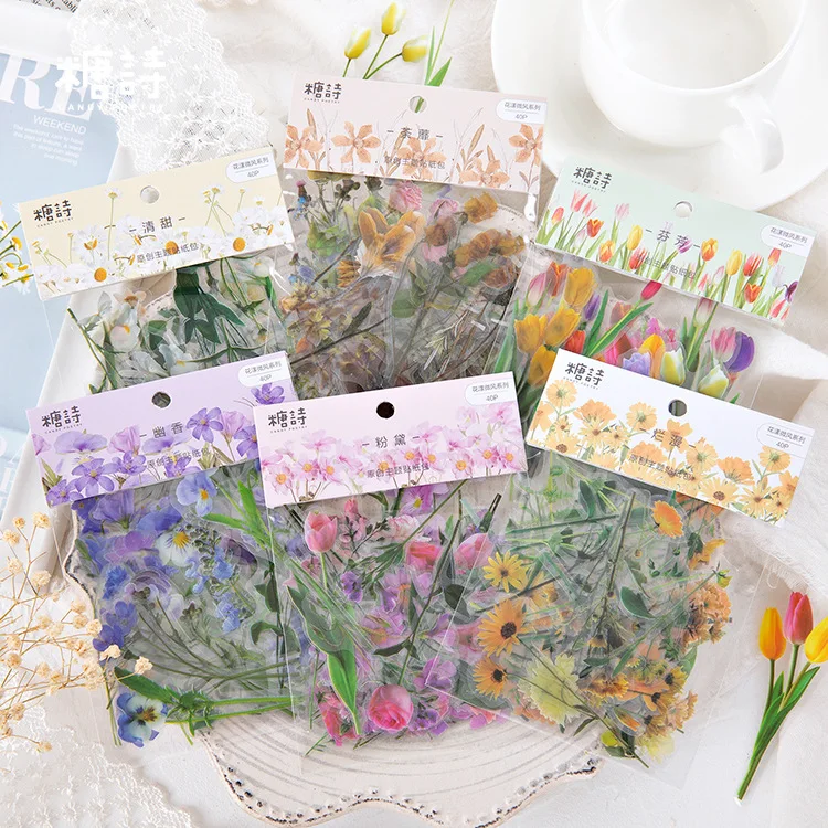 

40 Pieces PET Flower Sticker Pack Sunflower Tulip Daisy Stickers Aesthetic Breeze Series for DIY Diary School Art Supplies