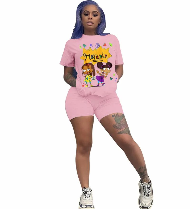 Fitness Biker Shorts Set Lounge Tracksuit Women Summer Clothes T Shirt Two Piece Cartoon Print Jogging Femme 2020 |