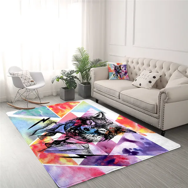 BlessLiving Wolf Large Carpets for Living Room Geometric Floor Mat Watercolor Area Rug Cartoon Animal Alfombra Dormitorio 1pc 2