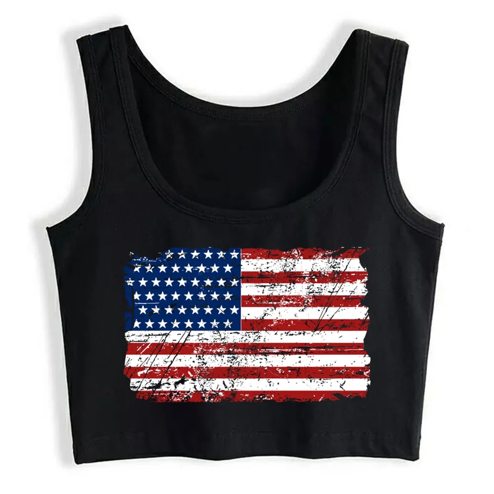 

Crop Top Female USA Flag - Vintage Look O-Neck Harajuku Cotton Tops Women