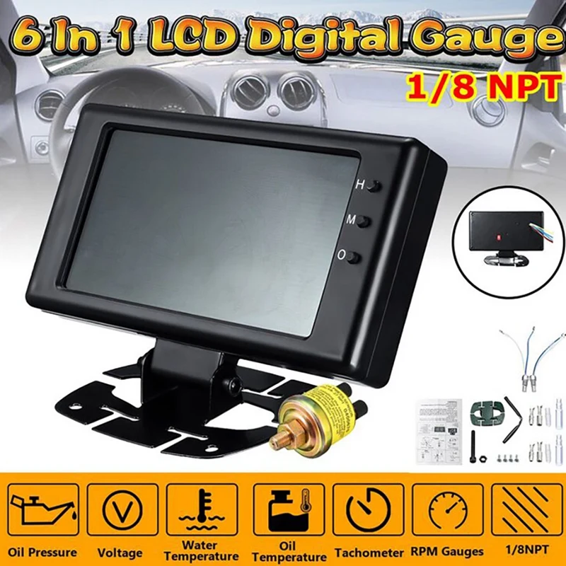 

6 in 1 Vehicles Gauge 12V Car Universal Fit Water Temperature Digital Temp Measure LCD Screen Voltage Oil Pressure Meter
