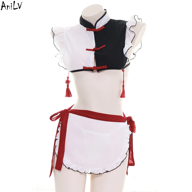 AniLV Китайская традиционная Cheongsam с короткими кисточками купальник горничной
