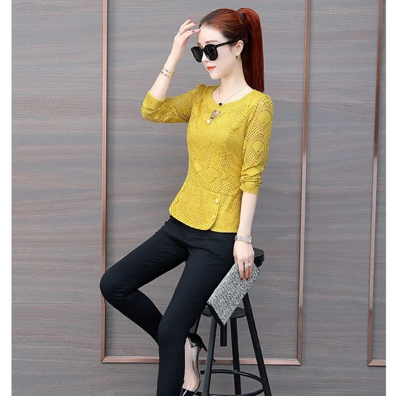 Женские кружевные блузки рубашки повседневные с длинным рукавом и круглым