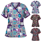 Униформа для кормящих женщин, скрабы, топы, футболка с мультяшным принтом, повседневные женские скрабы с коротким рукавом, одежда для медсестры с V-образным вырезом и карманами для женщин