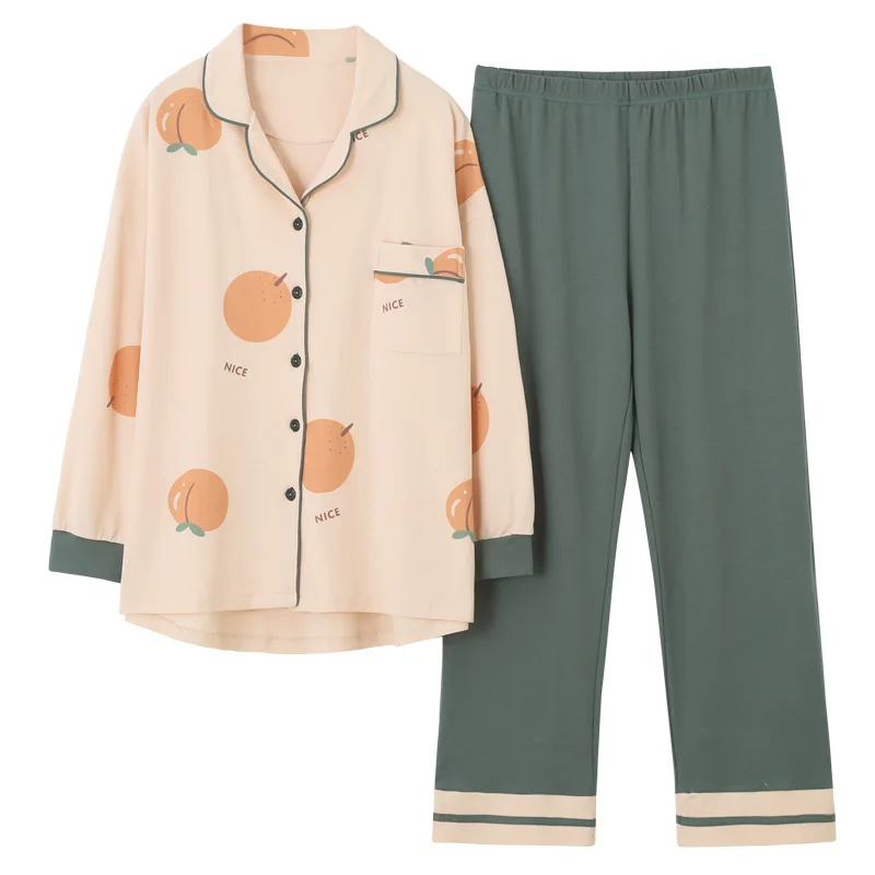 

Autumn cotton long sleeve pajama sets fruit print light color simple women girls home wear