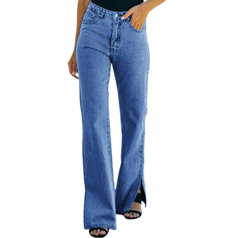 

Ele-choices Mid Waist Women Jeans Multi Pockets Denim Straight Split Stretchy Skinny Jeans Streetwear for Daily Work