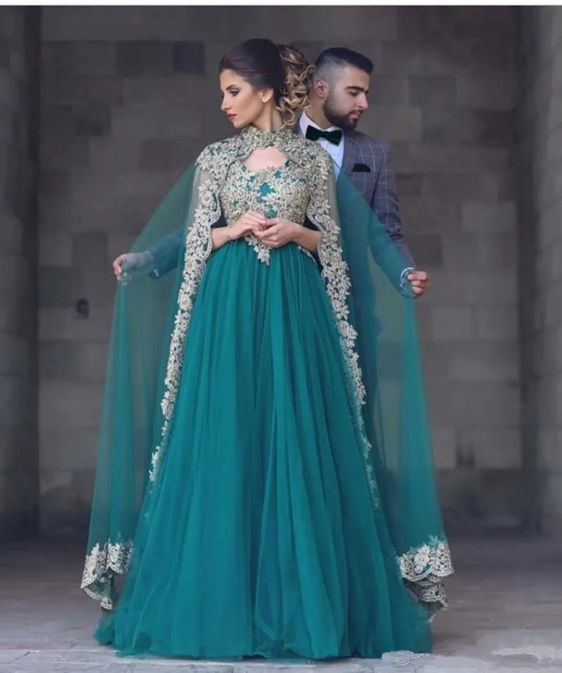 

Gorgeous 2019 Teal Tulle Arabic Dresses Evening Wear With Pretty Lace Appliques High Collar Wraps Formal Gowns Custom Made