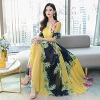 2021 new fashion trend plus size v neck printed age reducing dress womens over the knee long waist dress tide
