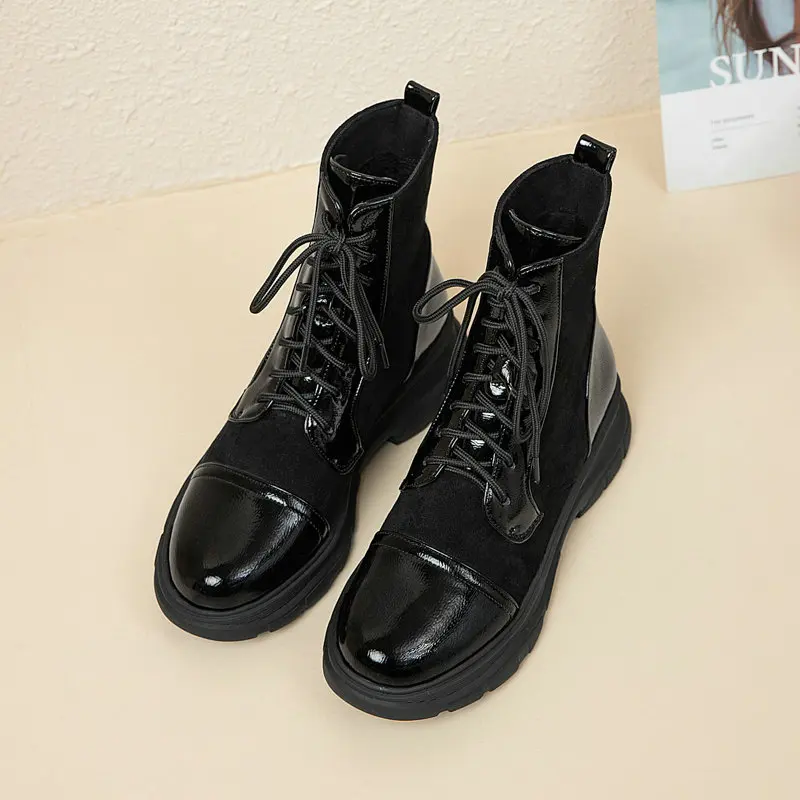 

2021 PU Leather Flock Ankle Boots Round Toe Casual Shoes Autumn Winter Square Heel Lace Up Women Shoes Size 34-42