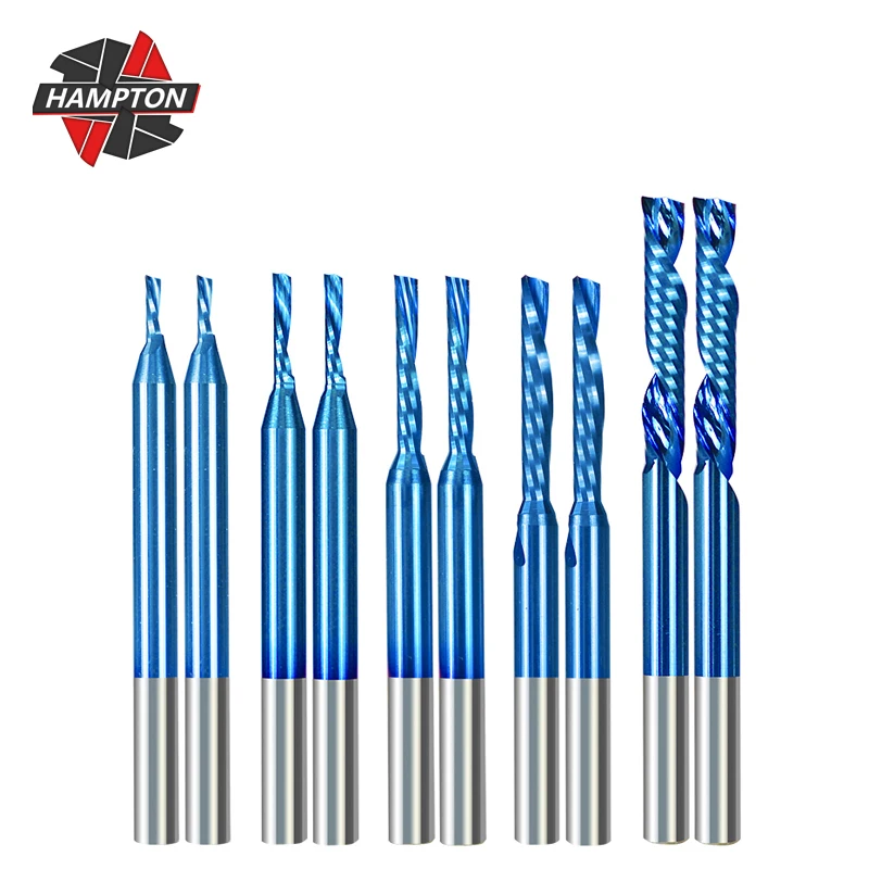 

10pcs 3.175 mm Shank Nano Blue Coated CNC Screw End Mill Cutter Single Flute Spiral PCB Router Bits Kit Set for Milling Tools