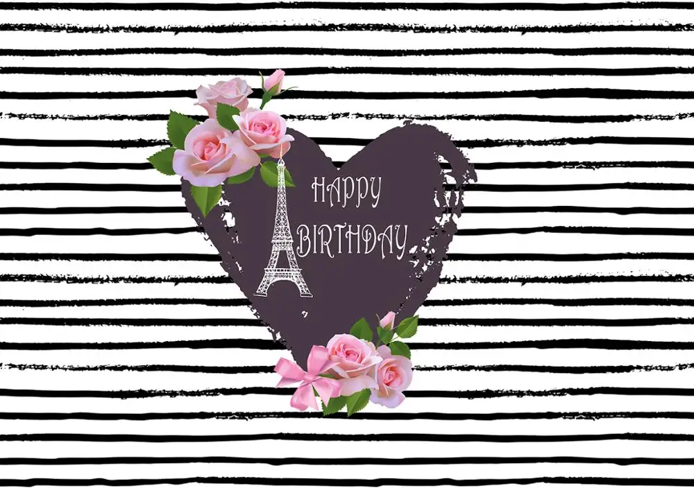 

Happy Birthday party Photography Backdrop Eiffel Tower Cake Table Decor Black white stripe photo Background studio props