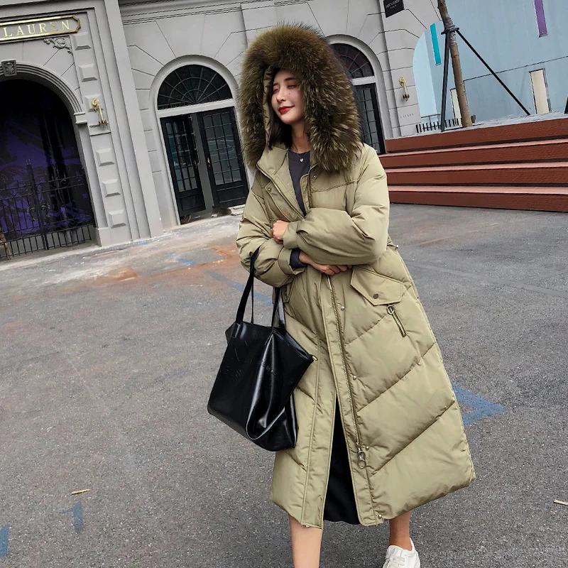 

Winter Coat Women 90% Duck Down Jacke Thicken Warm Luxury Natural Raccoon Fur Collar Female Long Hoody Parka Tops LX2481