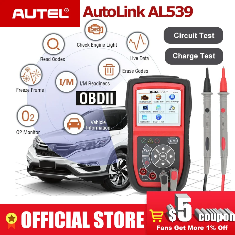 Autel Автоссылка AL539 автоматический считыватель кодов OBDII диагностический инструмент OBD2 сканер электрическое напряжение тест AVO метр тест батареи er инструменты