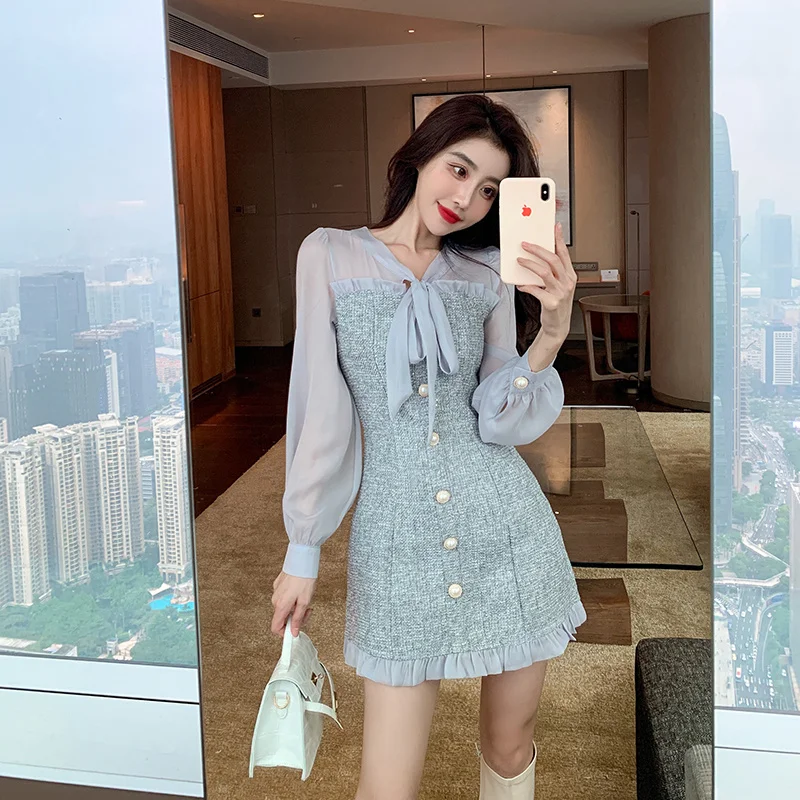 

Style Girl Dress 2021 Autumn New Age-Reducing Design Sense Waist A- line Long Sleeve Dress