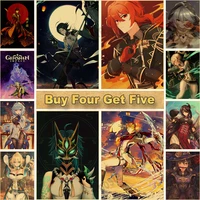 hot genshin impact game anime retro kraft paper poster picture prints painting home kids room wall art decoration stickers mural