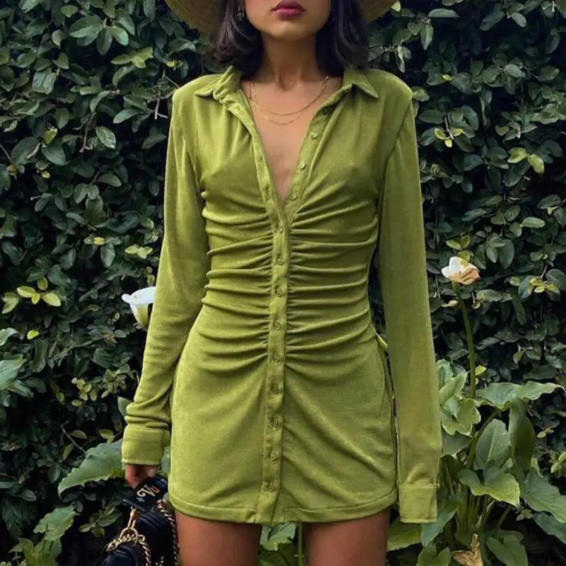 

Long Sleeve Button Up Velvet Mini Shirt Dress For Women Fall 2020 Clothing Lapel Ruched Bodycon Green Elegant Autumn Streetwear