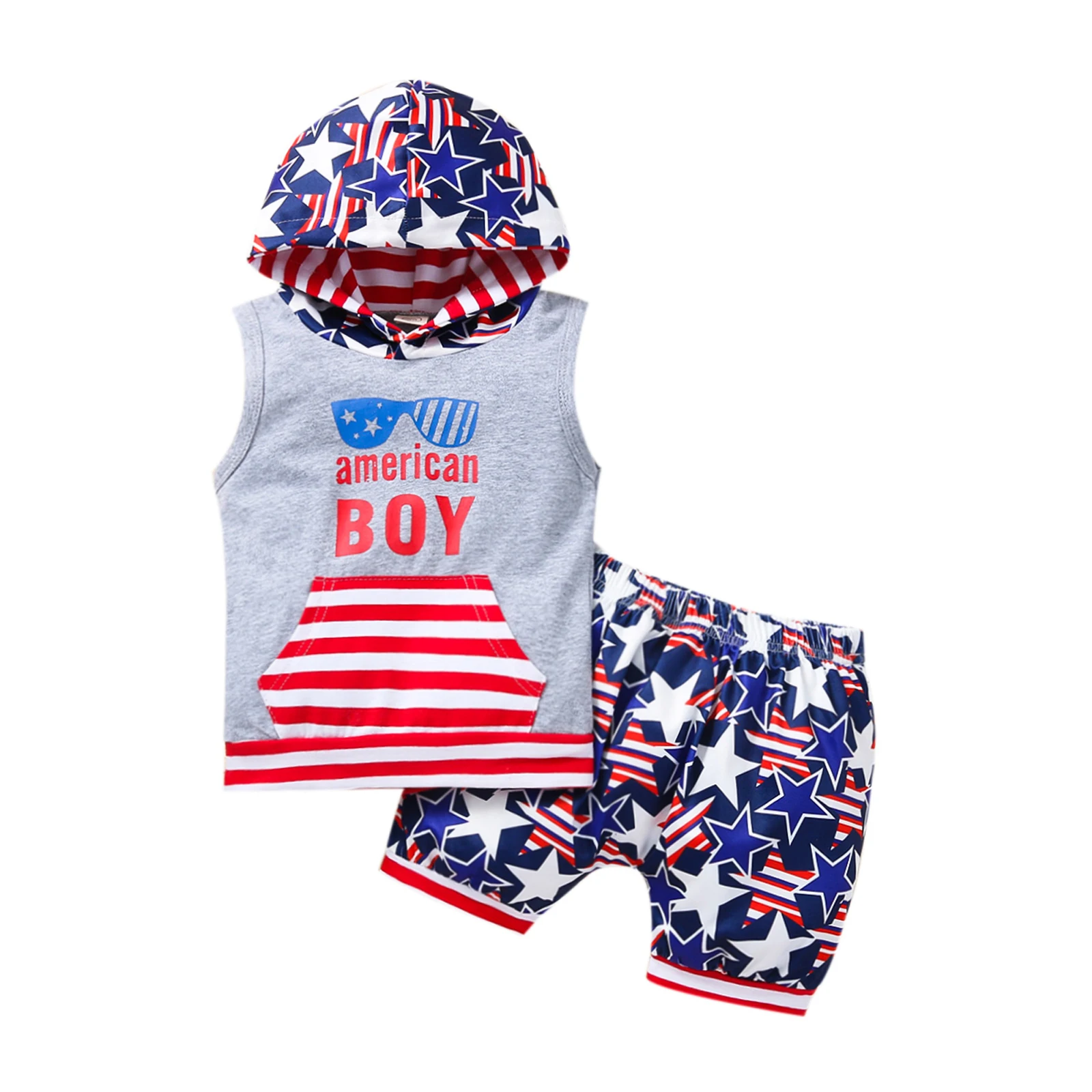 

Stripe Letter Print Sleeveless Hooded Tops+ Star Print Shorts for Boys