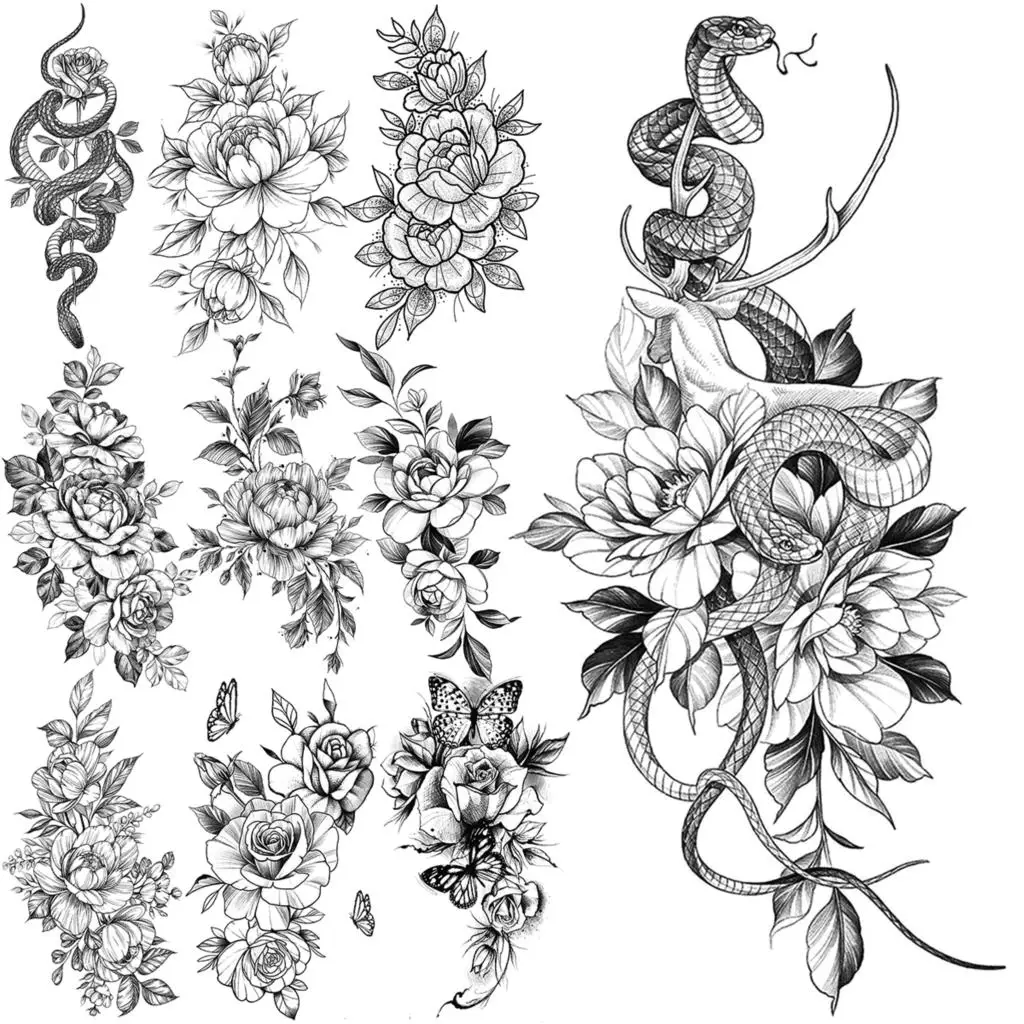 

Snake Flower Temporary Tattoos For Women Adults Realistic Butterfly Gentian Flower Fake Tattoo Sticker Sexy Waist Arm Tatoos