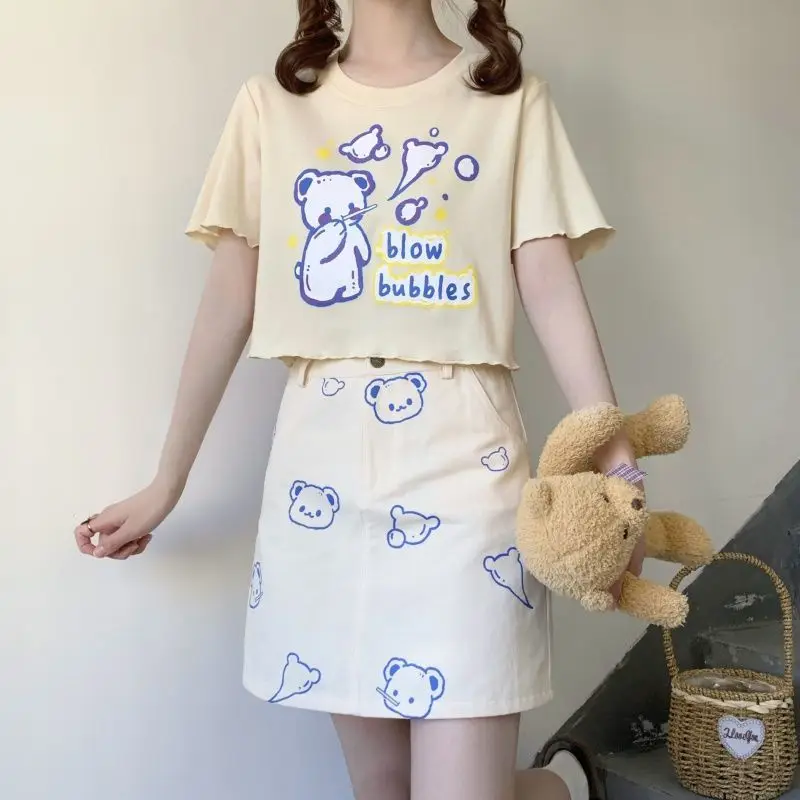 

Kawaii Bear Print Graphic T Shirts Women 2021 Cartoon Japanese Style Summer Feminine Clothes MINGLIUSILI Cropped Top Mujer