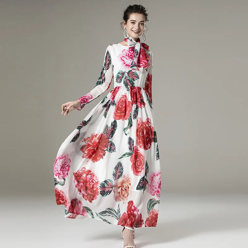 

2021 SPRING ROUND NECK FLORAL PRINT CHIFFON DRESS WITH SCARF