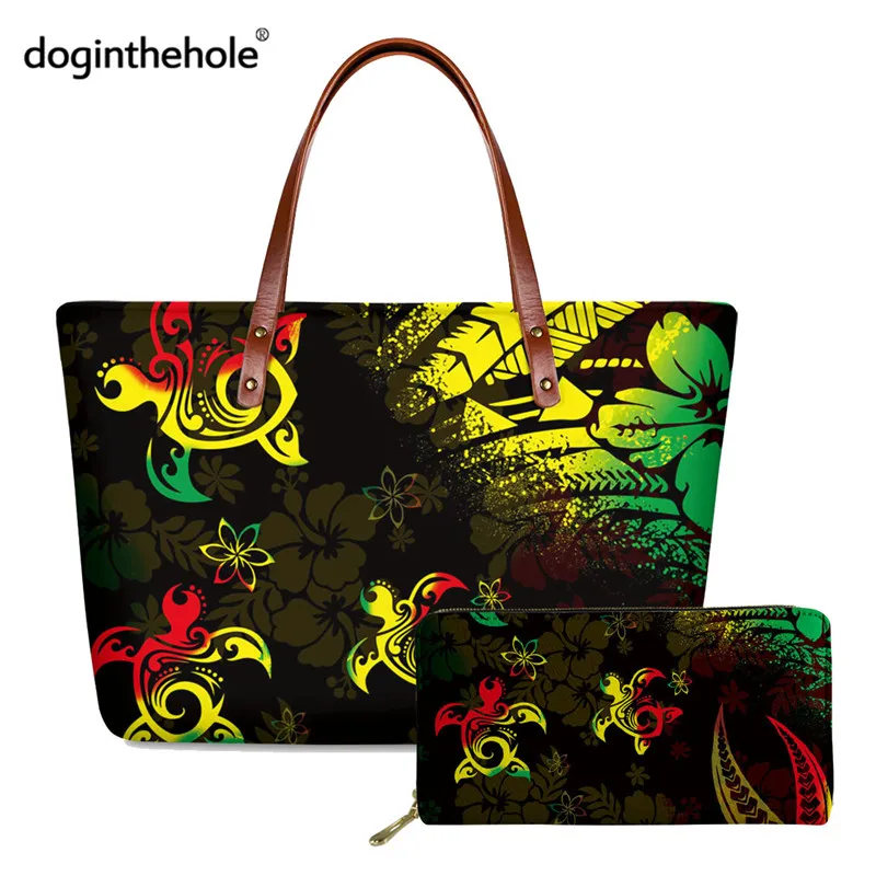 

Doginthehole Polynesian Sea Turtle Print Women 2pcs Set Vintage PU Shoulder Bag and Purse Reggae Color Fashion Lady Handbags