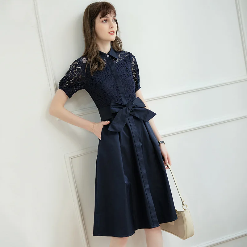 

2021 Summer High End Elegant Short Puff Sleeves Lace Stitching Bright Silk Satin Lacing Belt Dress Women