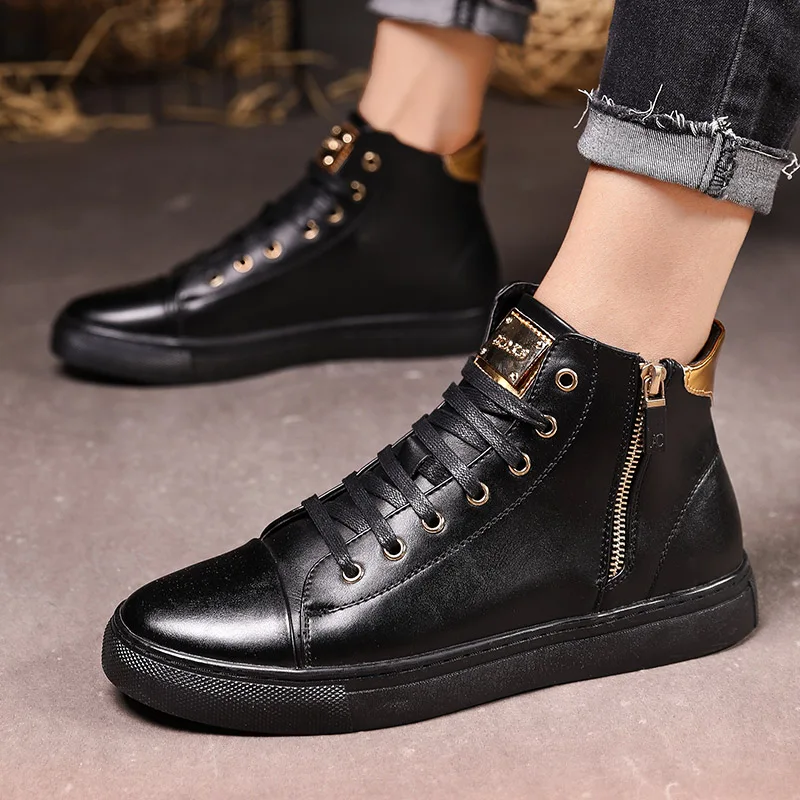 Мужские кожаные кроссовки черные дизайнерские на плоской подошве молнии зиму 2019|