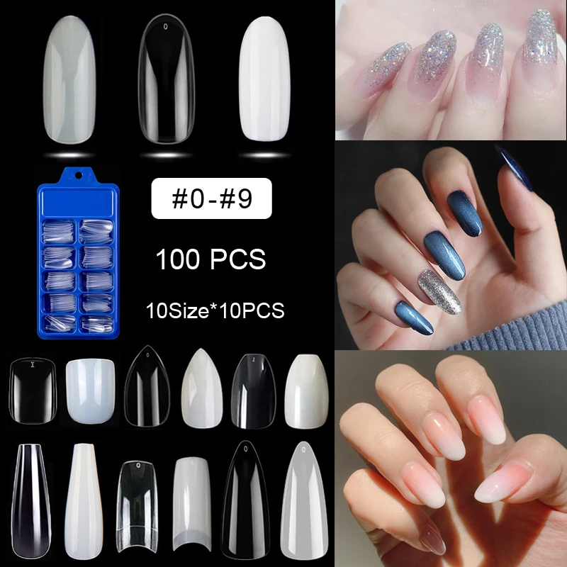 

100 шт. в коробке, 10 размеров, Длинные овальные накладные ногти, накладные длинные ногти, набор акриловых накладных ногтей, маникюр своими рук...