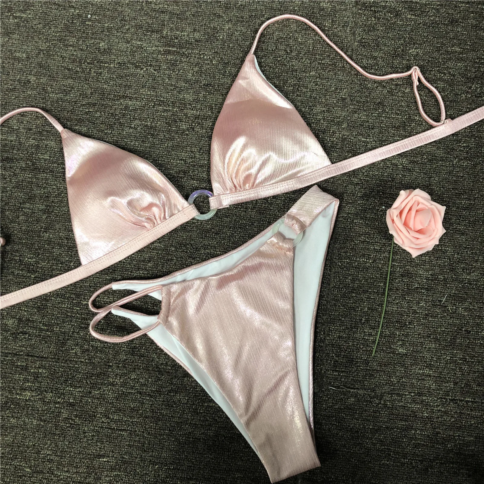 

Women Sexy Bikini Flash Fabric Solid Color Halter Polyester Split Swimsuit Swimming Swimwear Beachwear q5