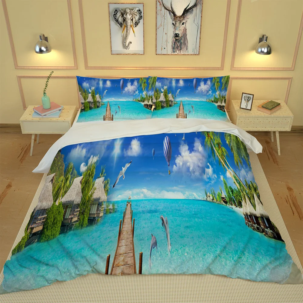 twin bedding blue beach wood birdge set Pillowcase Polyester Bed Set Home Textiles | Дом и сад