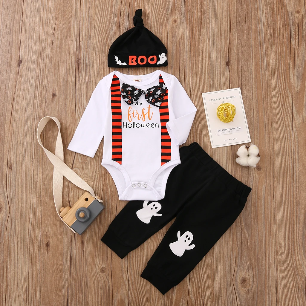 

Emmababy 2021 New Halloween Outfit 3Pcs Baby Letters Print Long Sleeves Romper Ghost Print Pants Hat for Toddler Boys 0-18M