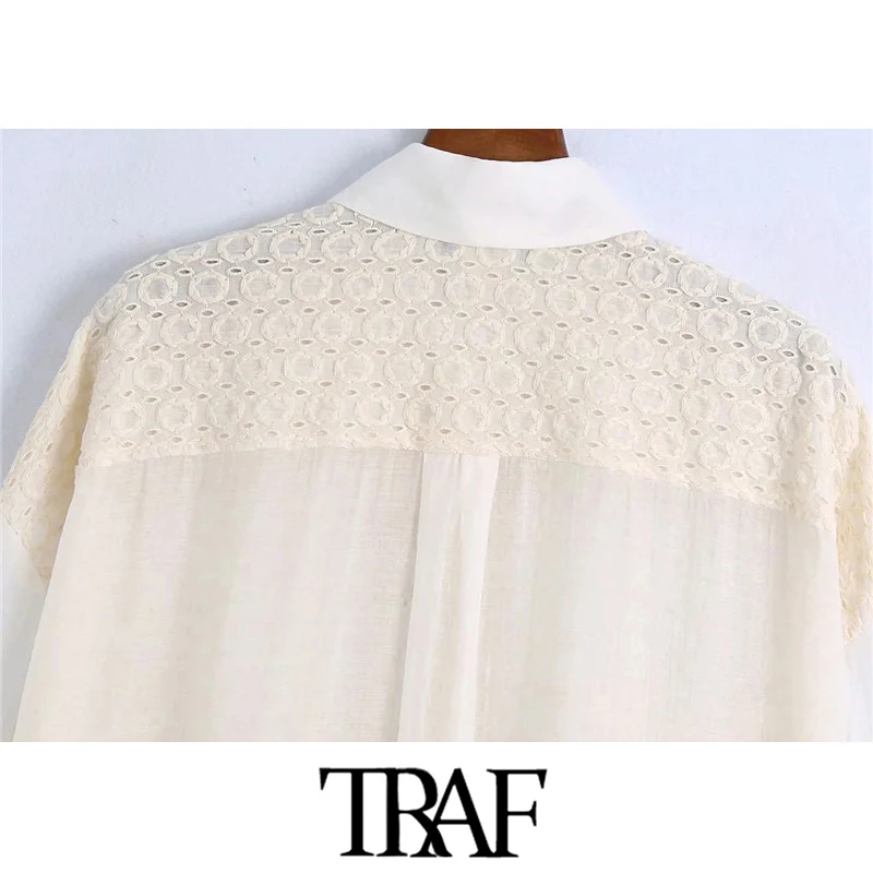 

TRAF Women Fashion Patchwork Cutwork Embroidery Oversized Blouses Vintage Long Sleeve Pockets Female Shirts Chic Tops