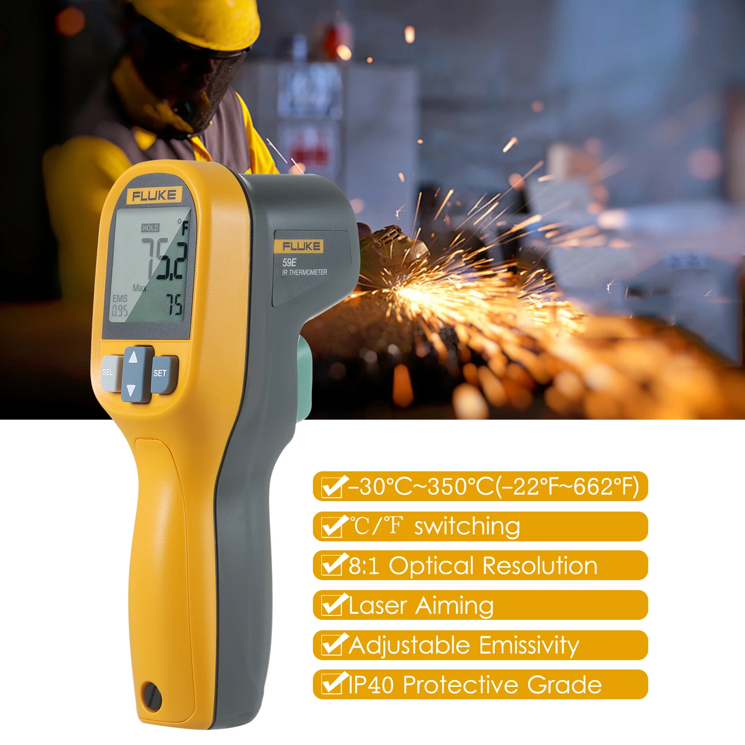 

Инфракрасный термометр FLUKE 59E, цифровой измеритель температуры, лазерный термометр 8:1, пистолет, ИК-датчик температуры-30 ~ 350 °C(-22 ~ 662 °F)