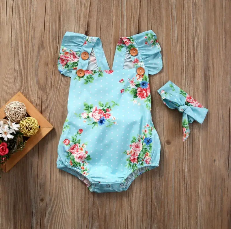 

2020 New Sunmmer Baby Girl Floral Romper Newborn Headband Infant Jumpsuit Bodysuit Clothes Outfit