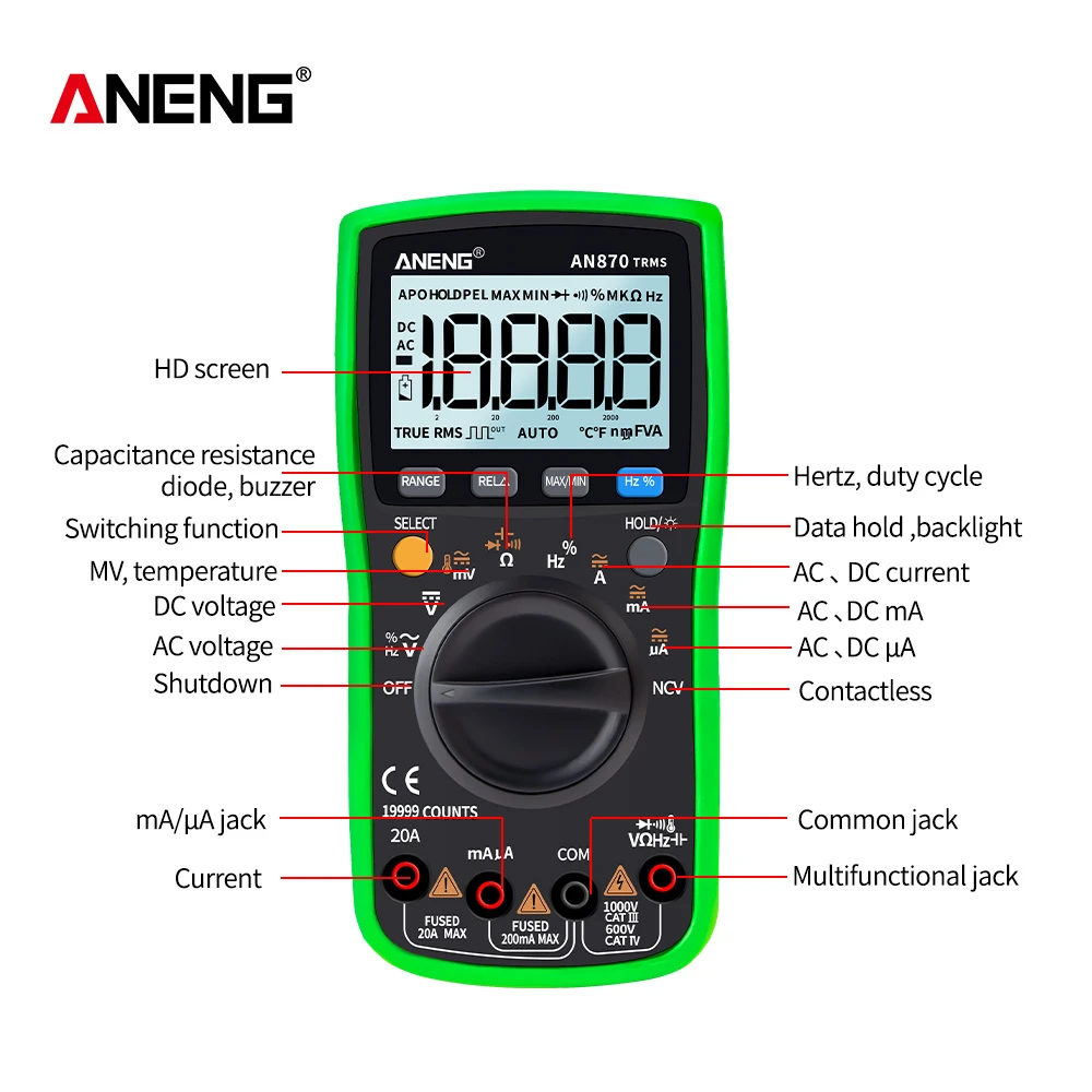 ANENG AN870 Цифровой мультиметр 19999 отсчетов Профессиональный транзистор
