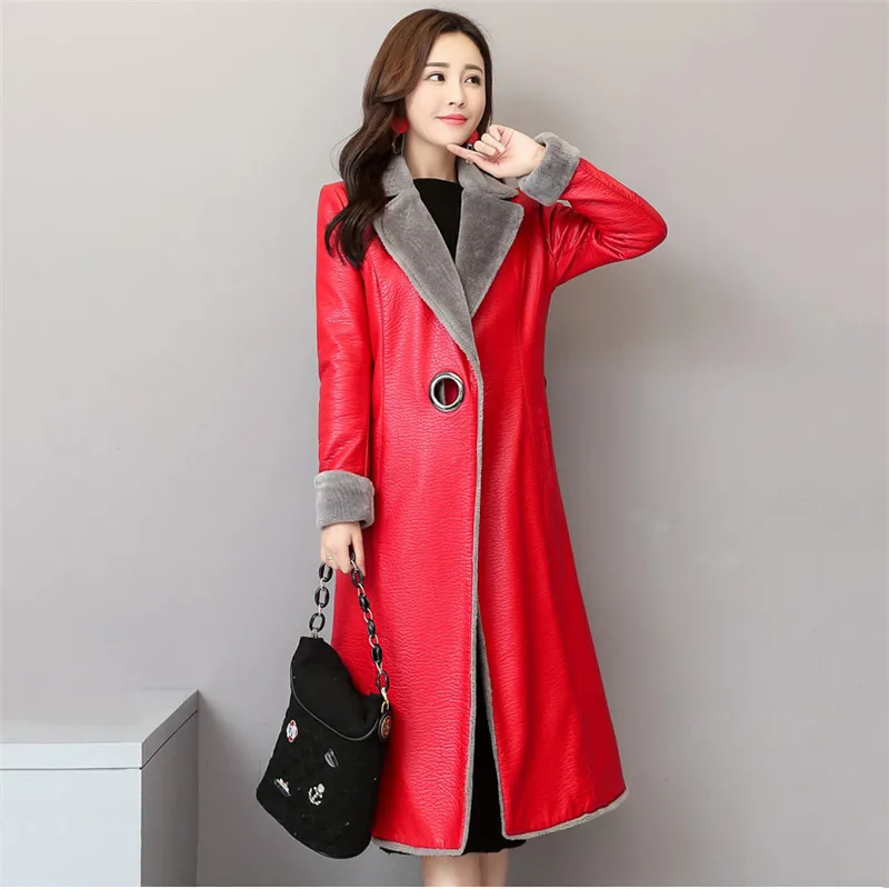 2019 зимняя новая женская кожаная куртка Женская Длинная плюс бархатная Толстая