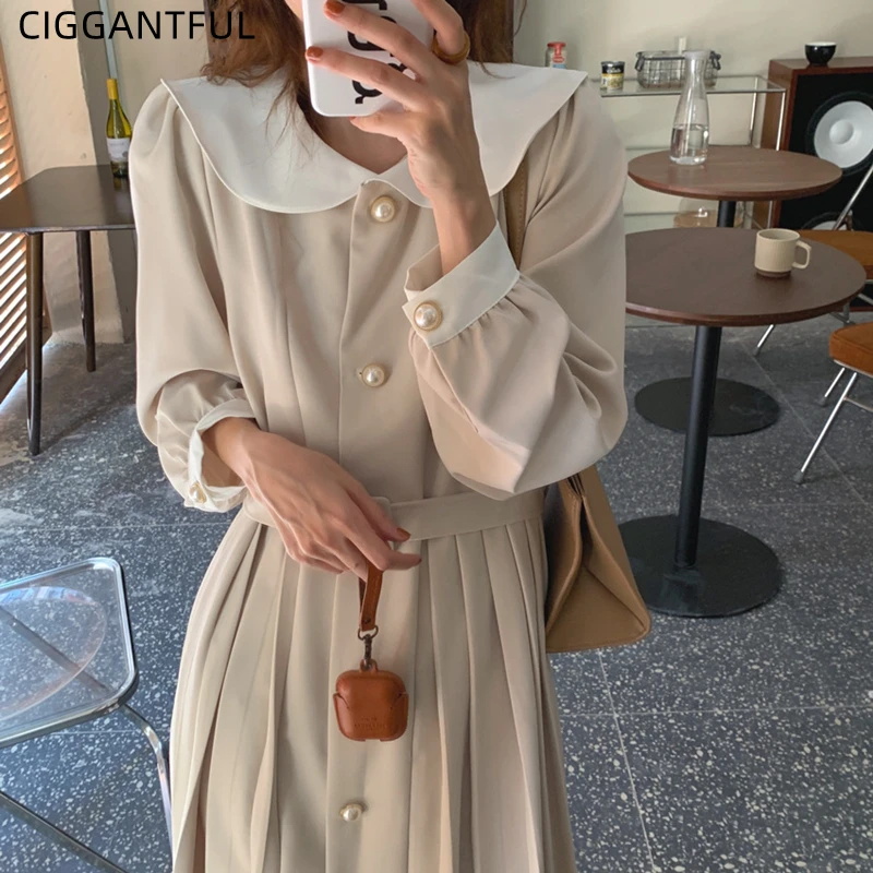 

Женское винтажное однобортное платье средней длины с воротником в форме листа лотоса и поясом на шнуровке, одежда для весны и осени