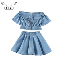 girls korean style denim two piece high waist short sleeved blouse and skirt suit toddler girl summer clothes 2021 girls outfits