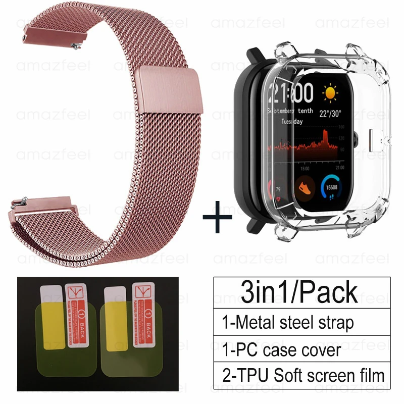 rose pink-Transparen 3в1 Для Amazfit GTS ремешок+ ТПУ чехол для Huami Amazfit gts Smartwatch Защитная пленка для экрана браслет ремешок на запястье - Цвет: rose pink-Transparen