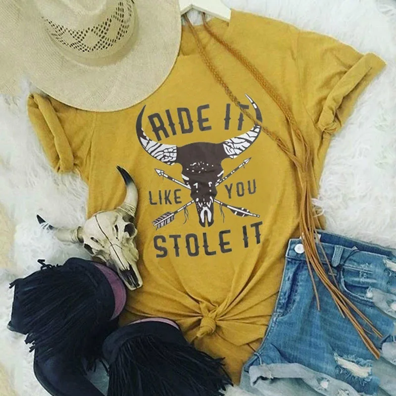 

Amazon popular women's top ride it like you stole it print crew neck short