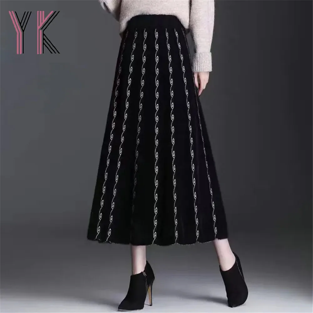 

Ethnic Imitation Mink Velvet Thickened Knitted Skirt Autumn Winter Warm Floral Jacquard Aesthetic Sukienka Loose High Waist Saia