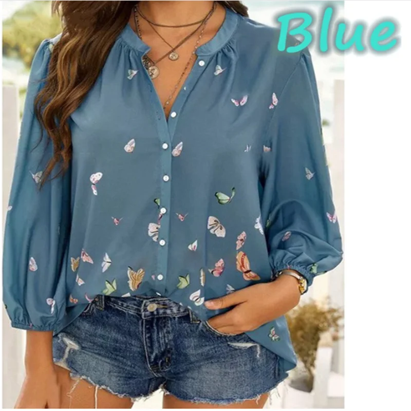 

Large size loose casual womens blouses 2021 spring ladies blouse lapel printed cardigan long-sleeved womens Top shirt
