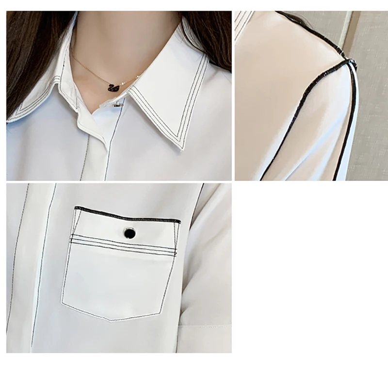 

New Turn-Down Collar White Shirt Half Sleeve Chiffon Blouse Women Clothes 2020 Summer Tops Button Pockets Office Chemisier Femme