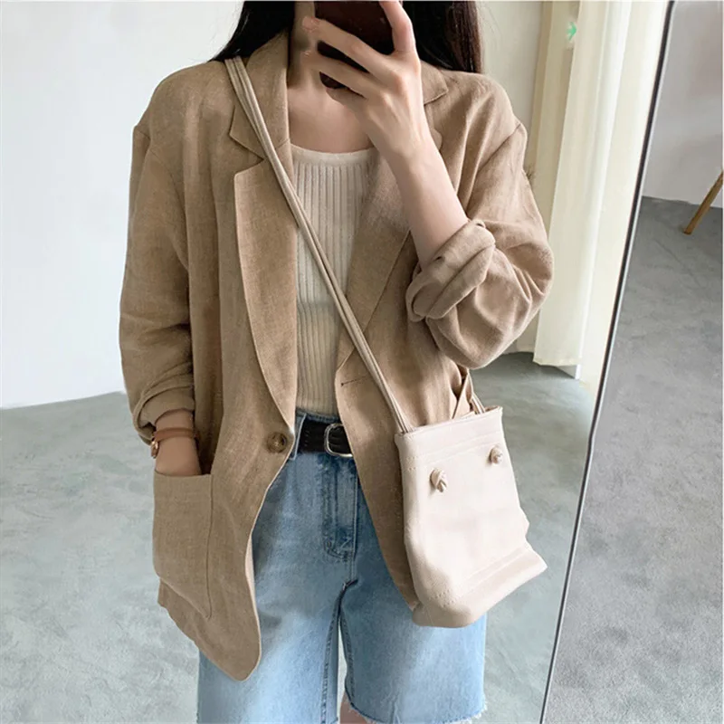 

Thin Cotton Linen Suit Women 2021 Spring New British Style Casual Blazer Long Sleeve Jacket Solid Color Fashion Coat Clothes