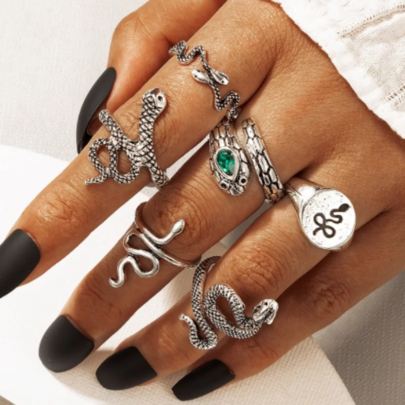 

Docona 6pcs/set Ancient Silver Color Snake Ring Sets for Women Gothic Rhinestone Geometry Female Trendy Jewelry Anillo 18732