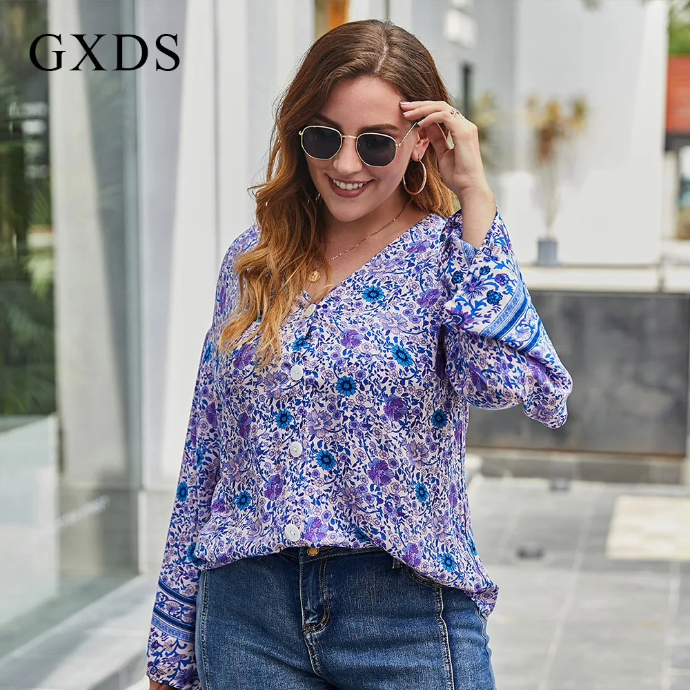 Женская блузка с цветочным принтом V-образным вырезом и длинным рукавом | одежда