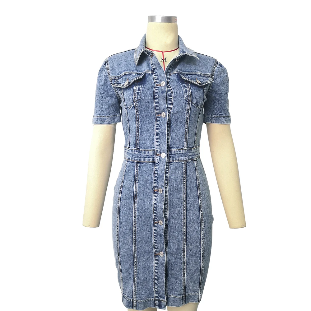 

Casual Denim Dress Women Short Sleeve Lapel Collar Single Breasted Jeans Dresses Office Lady Summer Bodycon Bandage Vestidos