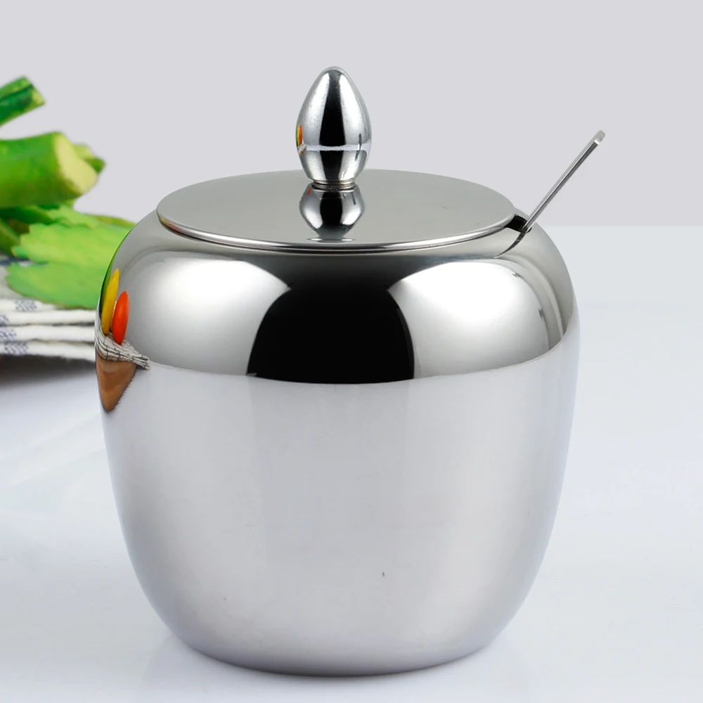 

304 Stainless Steel Sugar Bowl with Lid and Spoon for Home and Kitchen, Storage Container Condiment Candy Seasoning Jar