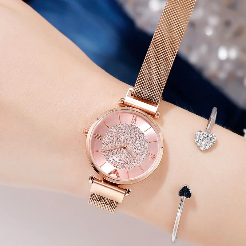 Pink2 Модные женские часы со стразами, кварцевые, Гипсофилы, розовое золото, женские наручные часы, роскошный ремешок, романтические, креативные, Reloj Mujer, Римский циферблат - Цвет: Pink2